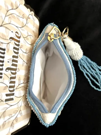 Picture of Handmade Indian Blue White Floral Beaded Zippered Travel Pouch Wallet