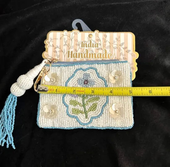 Picture of Handmade Indian Blue White Floral Beaded Zippered Travel Pouch Wallet