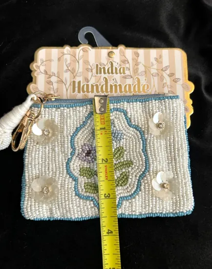 Picture of Handmade Indian Blue White Floral Beaded Zippered Travel Pouch Wallet
